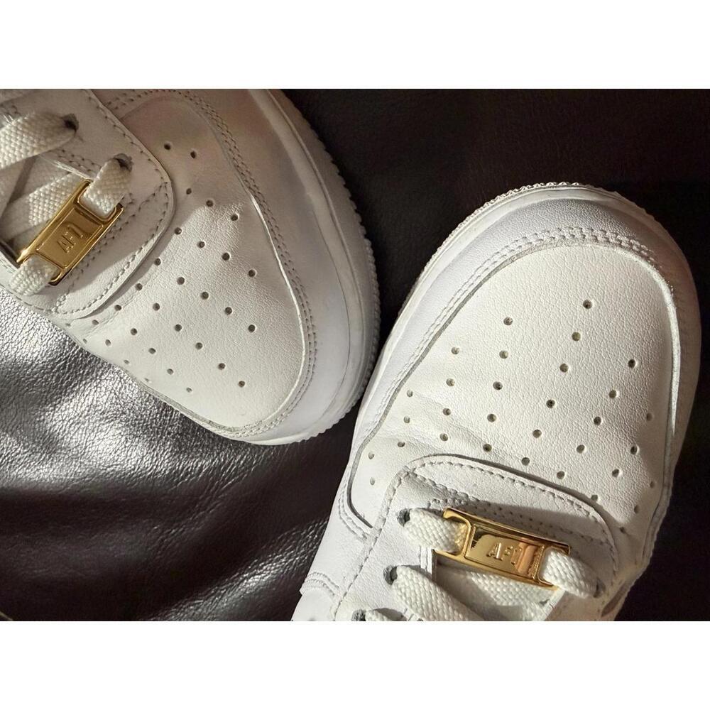 Nike Women’s Air Force 1 Low '07 Essential White Black Gold Mini Swoosh - Picture 5 of 7